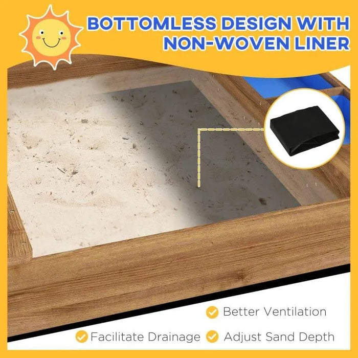 Kids wooden sandbox with bottomless design, sand, and non-woven liner for garden play
