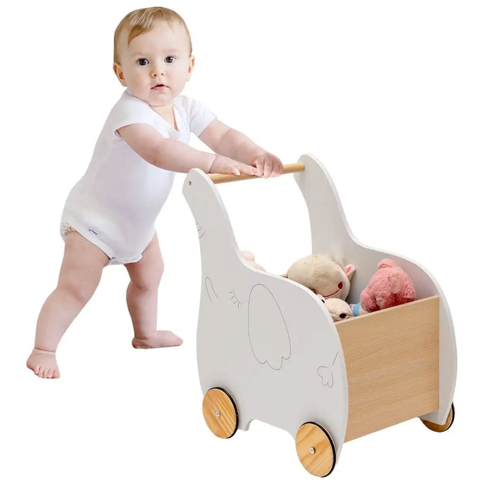 Kids Wooden Shopping Cart – White | Elephant-Shaped Push Trolley with Storage Chest COSTWAY - Little and Giant Explorers Costway