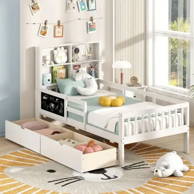 Kids Wooden Single Bed Frame - White | Blackboard, Bookcase and Storage Drawers COSTWAY - Little and Giant Explorers Costway
