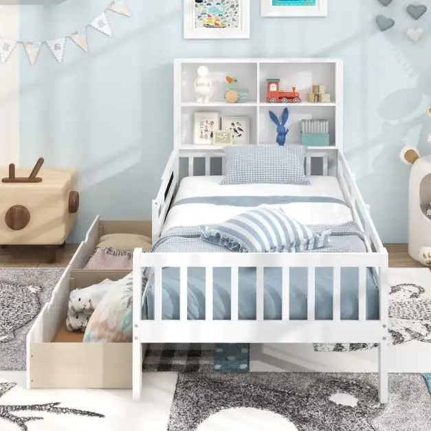 Kids Wooden Single Bed Frame - White | Blackboard, Bookcase and Storage Drawers COSTWAY - Little and Giant Explorers Costway