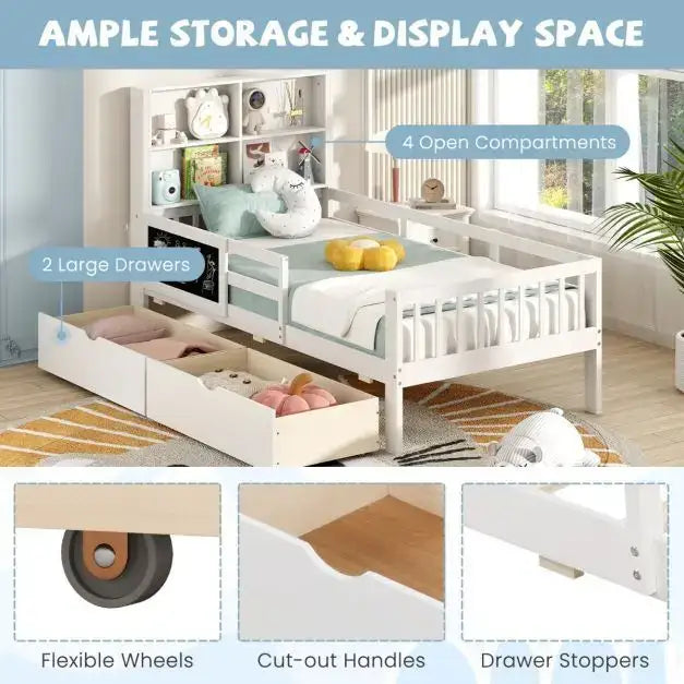 Kids Wooden Single Bed Frame - White | Blackboard, Bookcase and Storage Drawers COSTWAY - Little and Giant Explorers Costway