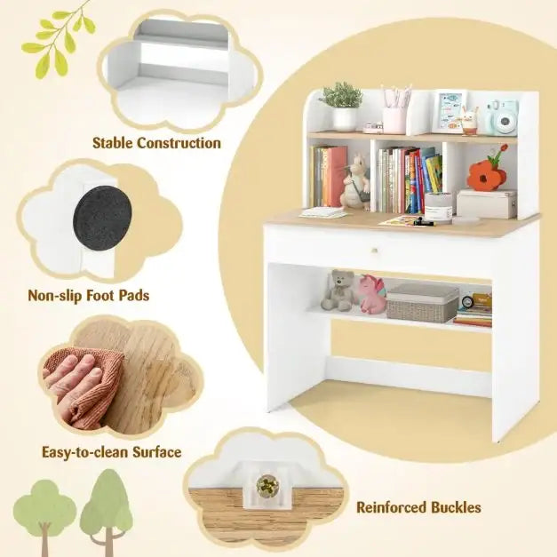 Kids Wooden Study Desk | Learning Table with Drawer and Storage Hutches COSTWAY - Little and Giant Explorers Costway