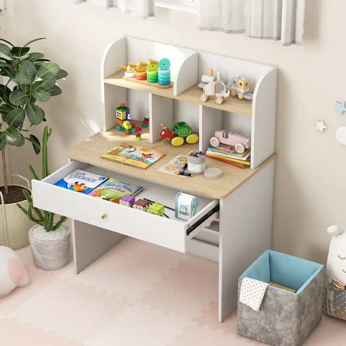 Kids Wooden Study Desk | Learning Table with Drawer and Storage Hutches COSTWAY - Little and Giant Explorers Costway