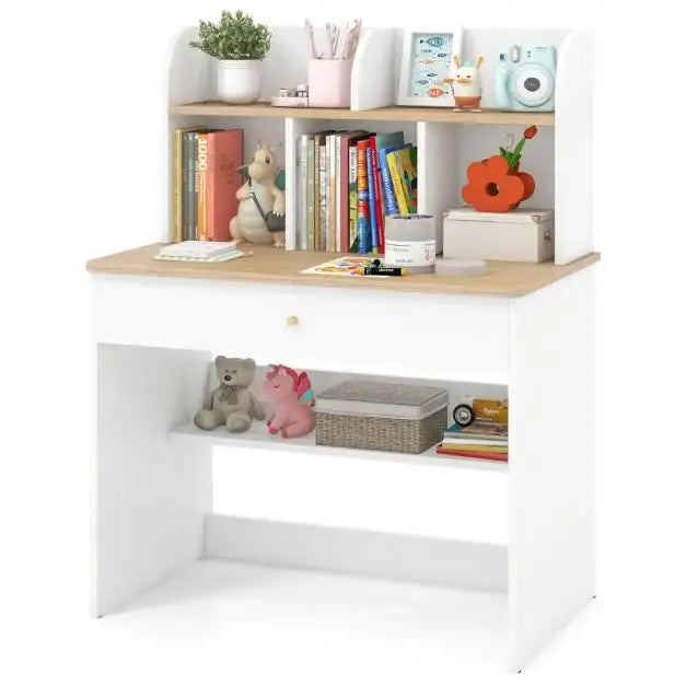 Kids Wooden Study Desk | Learning Table with Drawer and Storage Hutches COSTWAY - Little and Giant Explorers Costway