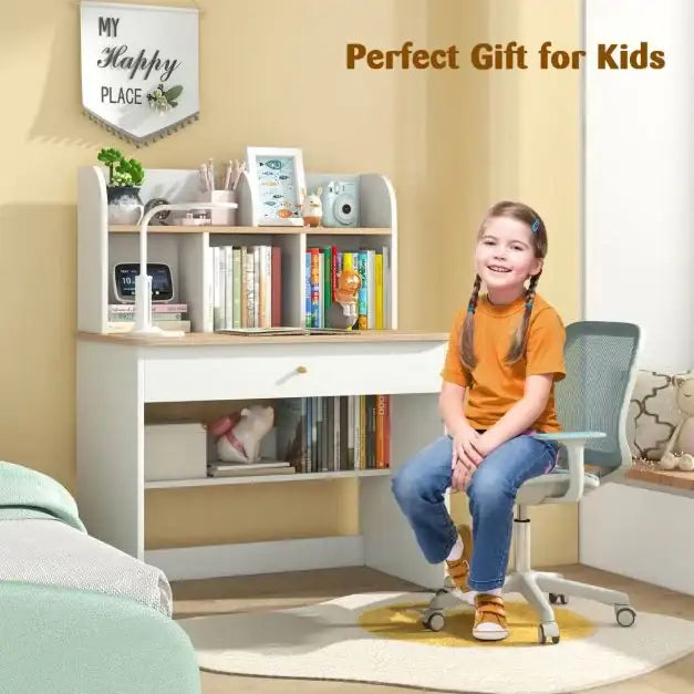 Kids Wooden Study Desk | Learning Table with Drawer and Storage Hutches COSTWAY - Little and Giant Explorers Costway