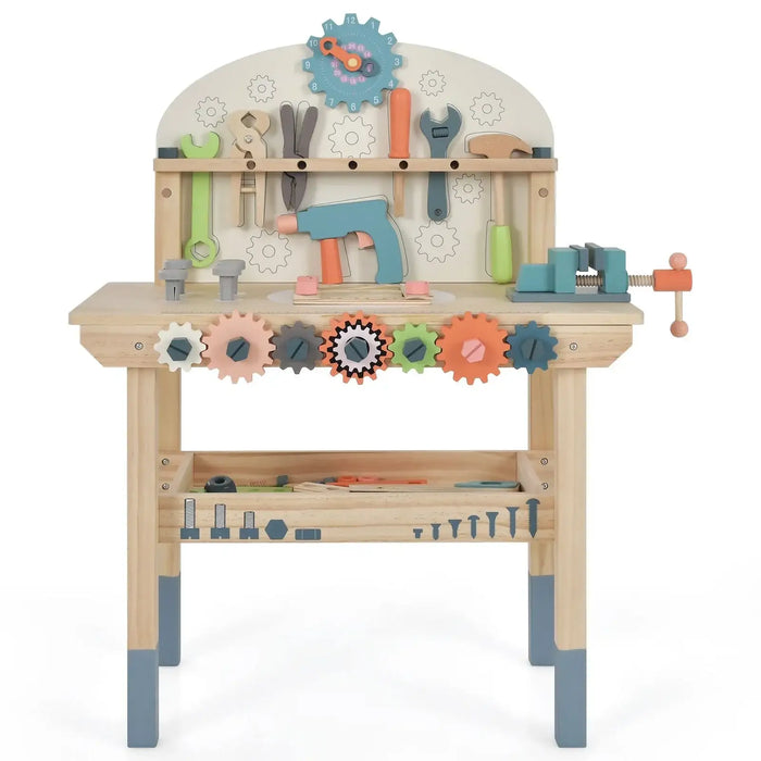 Kids wooden tool workbench playset with toy tools, gears, clock, and a magnetic rack