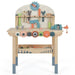Kids wooden tool workbench playset with toy tools, gears, clock, and a magnetic rack