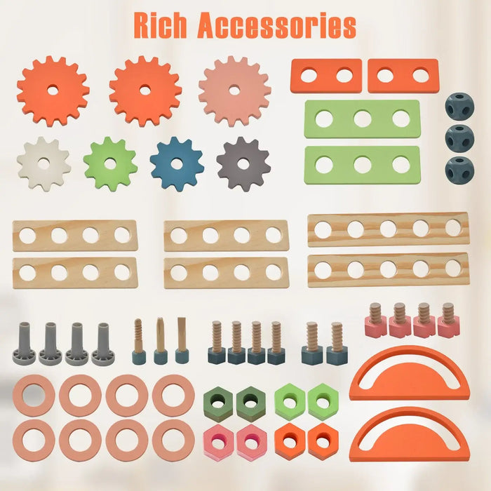 Kids wooden tool workbench playset accessories, colorful wooden gears, bolts, nuts, washers.