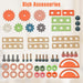 Kids wooden tool workbench playset accessories, colorful wooden gears, bolts, nuts, washers.