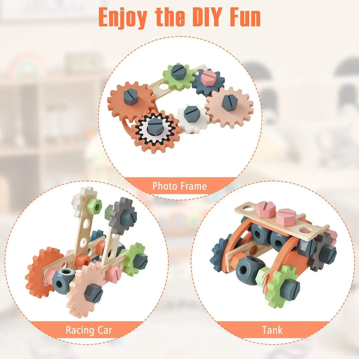 Kids wooden tool workbench set with DIY photo frame, racing car, and tank models displayed.