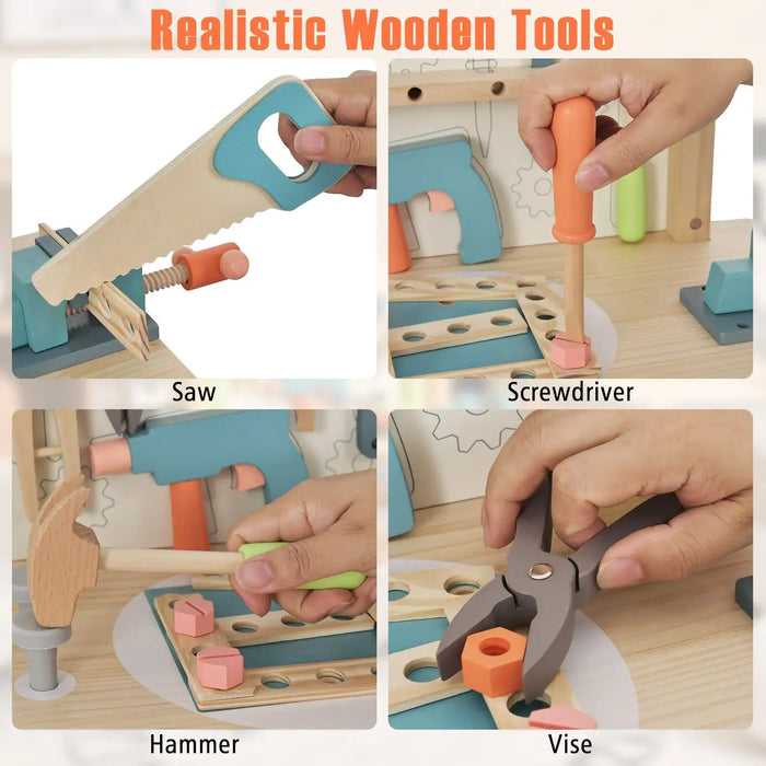 Children's wooden tool workbench playset showing saw, screwdriver, hammer, and vise in use