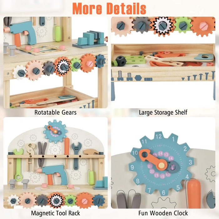 Kids wooden tool workbench playset with rotatable gears, storage shelf, magnetic rack, and clock.
