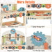 Kids wooden tool workbench playset with rotatable gears, storage shelf, magnetic rack, and clock.