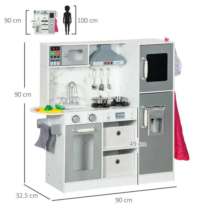 Kids wooden toy kitchen in white and silver with accessories and storage, 90x90x32.5 cm