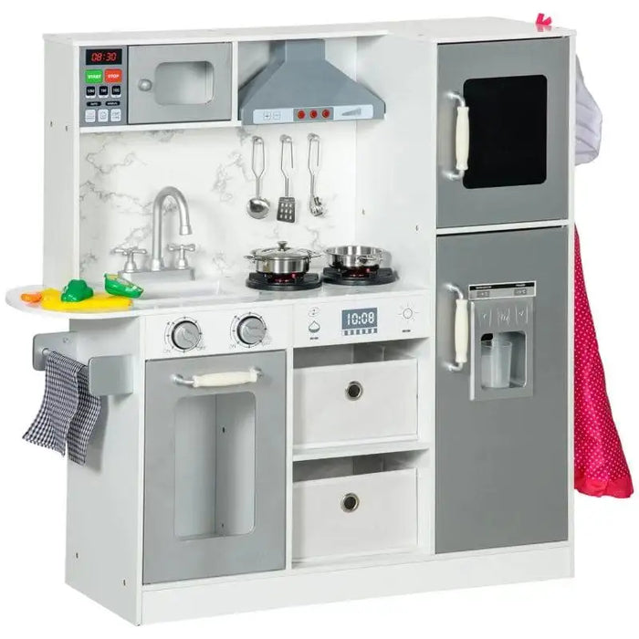 Kids wooden toy kitchen in white and silver with chef accessories and storage compartments