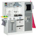 Kids wooden toy kitchen in white and silver with chef accessories and storage compartments