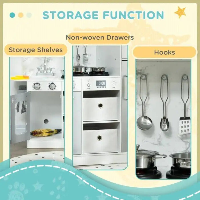 Kids wooden toy kitchen in white and silver with storage shelves, non-woven drawers, and hooks.