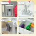 Kids wooden toy kitchen with ice maker, faucet, towel rack, and sink with toy vegetables