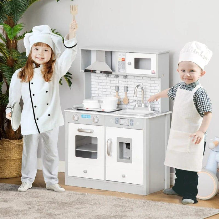 Wooden Toy Kitchen with Sound & Light Effect, Battery Operated Cooktop, Ice Machine and Marble Pattern Countertop - Little and Giant Explorers HOMCOM