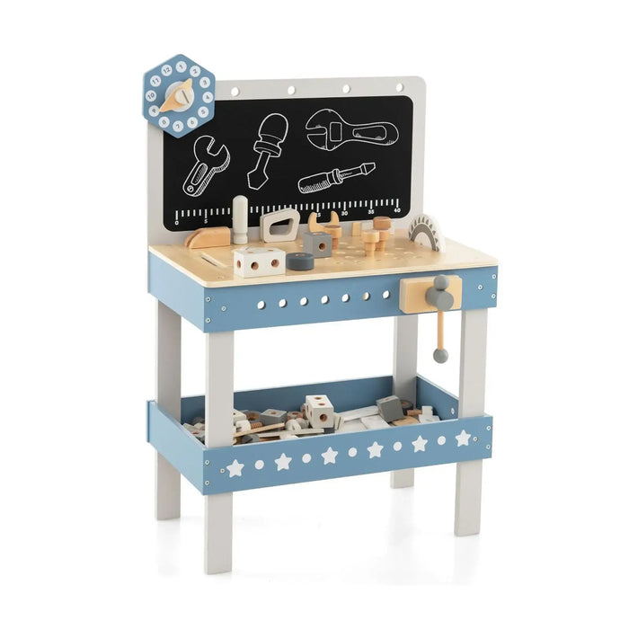 Kids wooden workbench with blue tool set, chalkboard, clock, and storage shelf