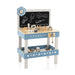 Kids wooden workbench with blue tool set, chalkboard, clock, and storage shelf