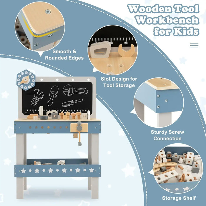 Kids blue wooden workbench tool set with chalkboard, clock, storage shelf, and smooth edges