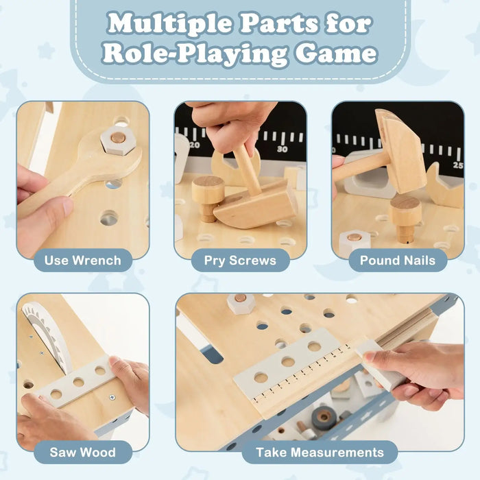 Kids wooden workbench toy with wrench, hammer, saw, and ruler demonstrating tool set use