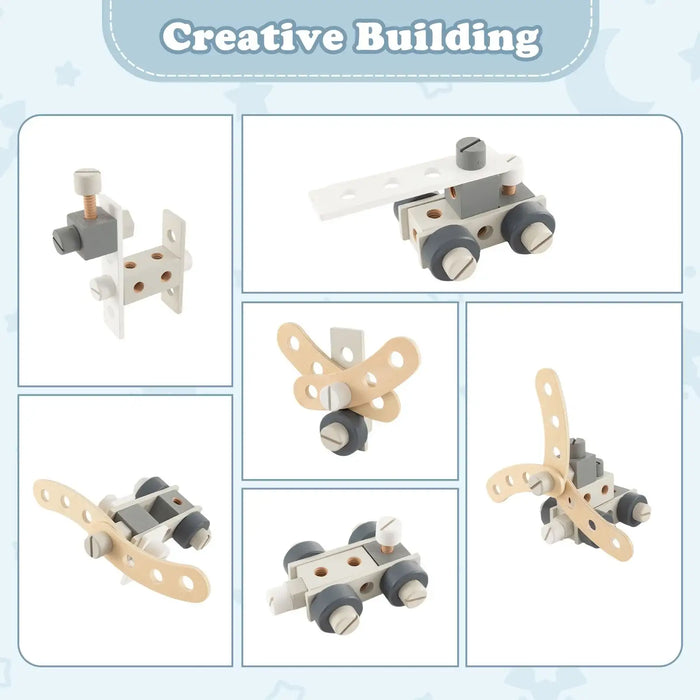 Kids wooden workbench creative building set with assembled blue and beige pieces and tools