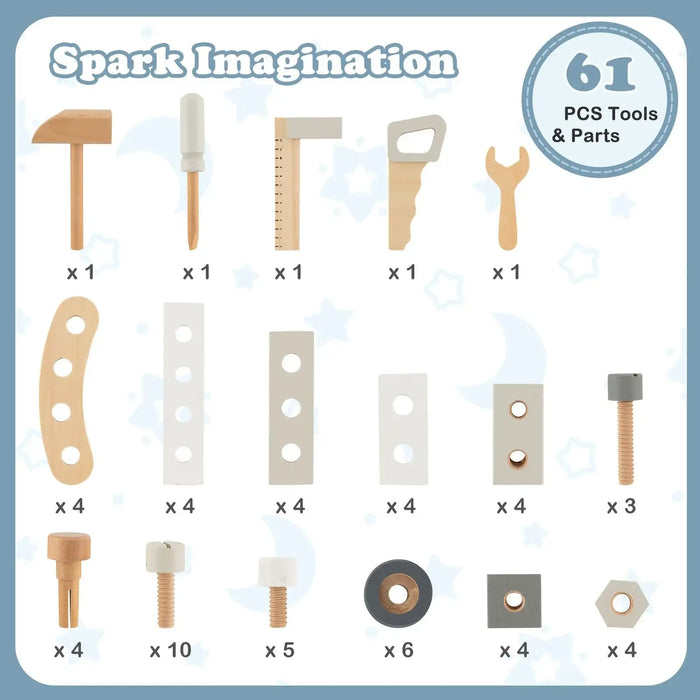 Kids wooden tool set with 61-piece parts including hammer, saw, wrench, bolts, and connectors.