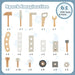 Kids wooden tool set with 61-piece parts including hammer, saw, wrench, bolts, and connectors.