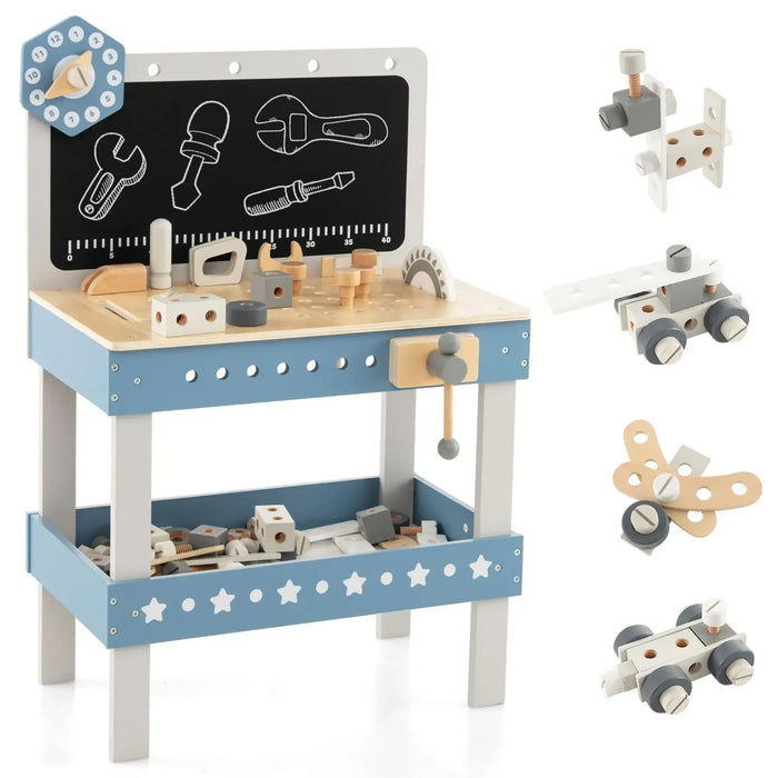 Kids wooden workbench with blue tool set, chalkboard, clock, and building pieces