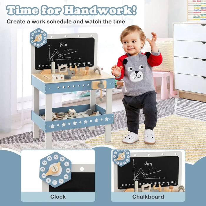 Toddler playing with blue kids wooden workbench set, featuring tool set, chalkboard, and clock.