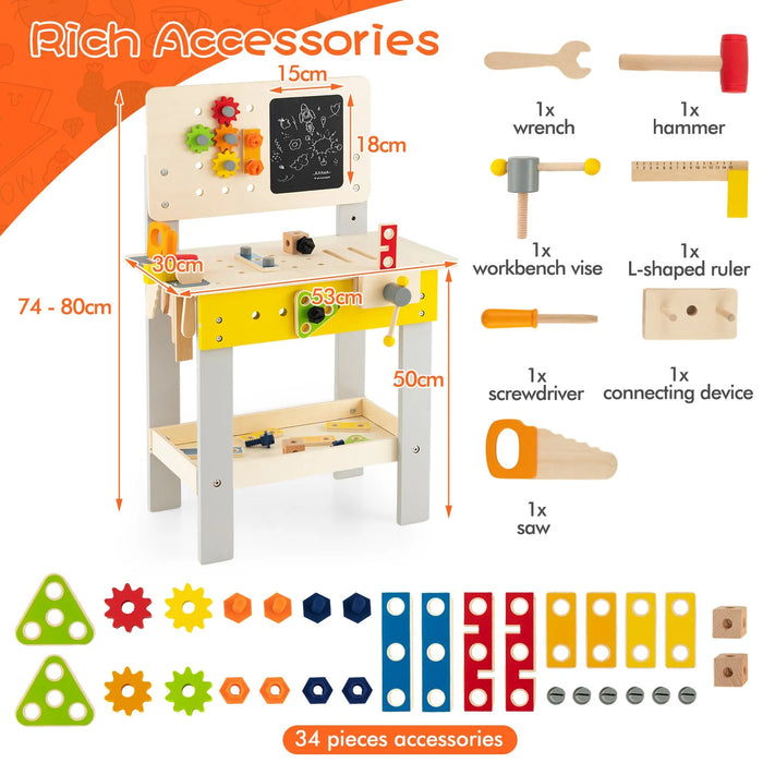 Kids Wooden Workbench with Blackboard, Saw, Hammer and Screwdriver - Little and Giant Explorers Costway