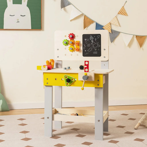 Kids Wooden Workbench with Blackboard, Saw, Hammer and Screwdriver - Little and Giant Explorers Costway