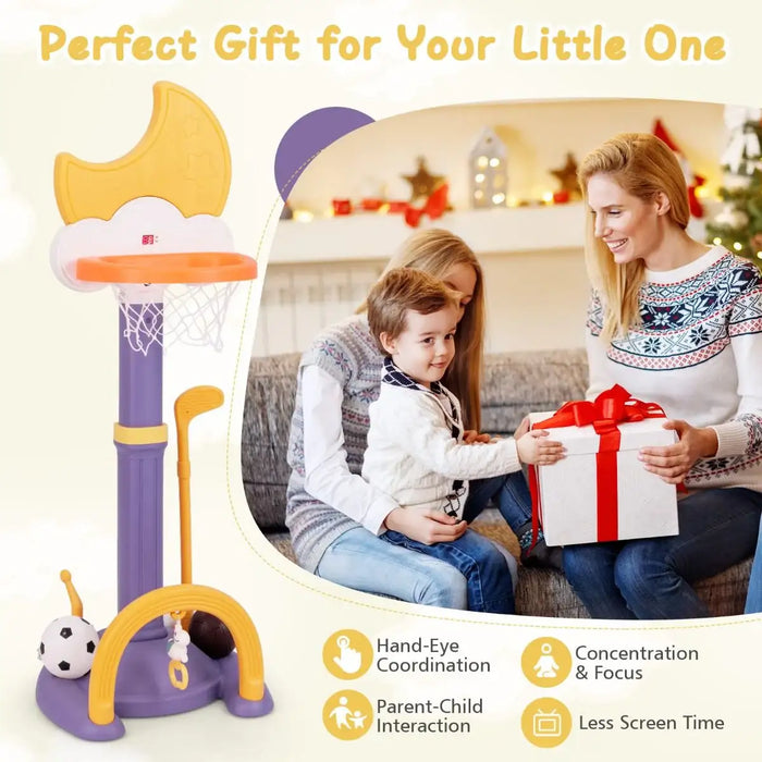 Children's basketball hoop with a family scene and gift, emphasizing educational benefits.