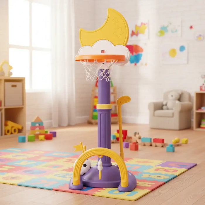 Children's toy basketball hoop in a playroom with toys and a teddy bear in the background.