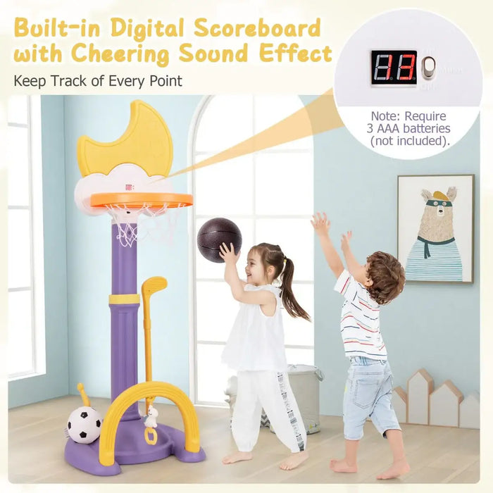 Children playing with a basketball hoop set in a room with a digital scoreboard.