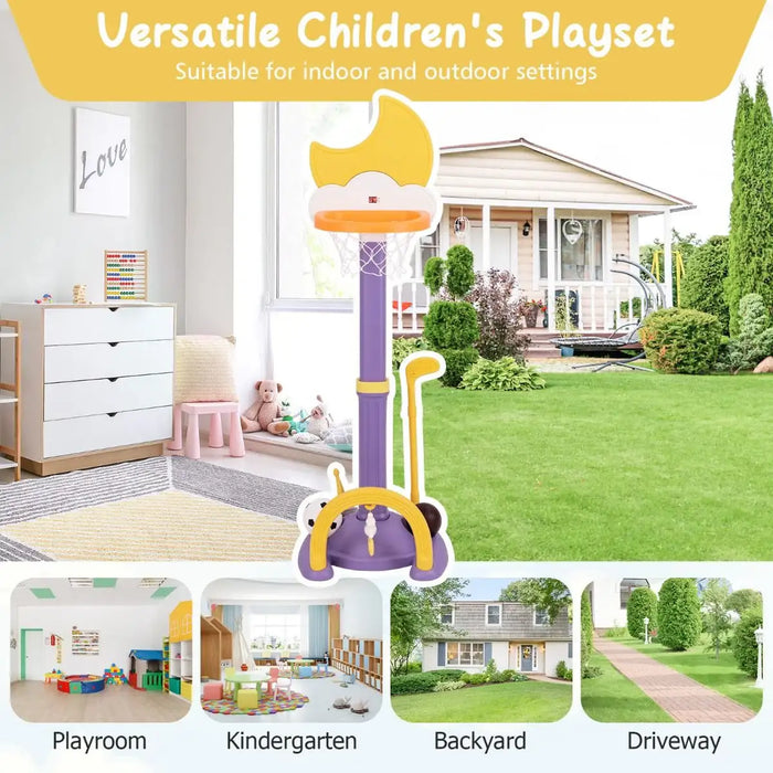 Children's playset versatile for indoor and outdoor settings with images of a playroom, kindergarten, backyard, and driveway.