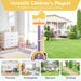 Children's playset versatile for indoor and outdoor settings with images of a playroom, kindergarten, backyard, and driveway.
