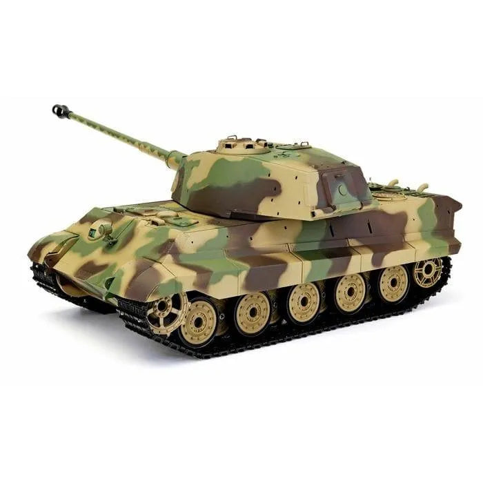 1/16 scale King Tiger RC tank with camouflage paint and detailed turret on white background.