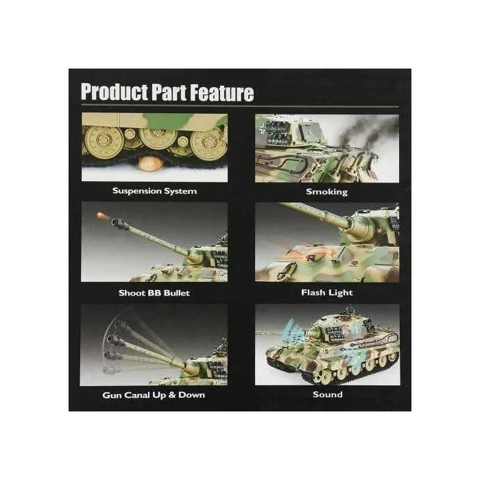 Product features of King Tiger RC tank, showing suspension, smoke, BB shooting, flashing, gun movement, sound.