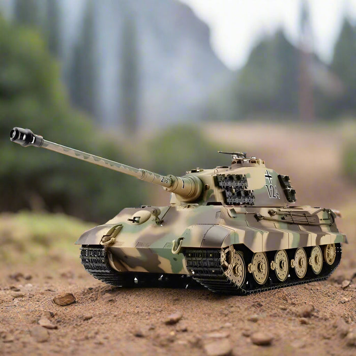 1/16 scale King Tiger RC tank with camouflage paint on a dirt outdoor path