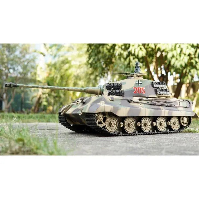 1/16 scale King Tiger Henschel RC tank with camouflage paint and number 205 outdoors