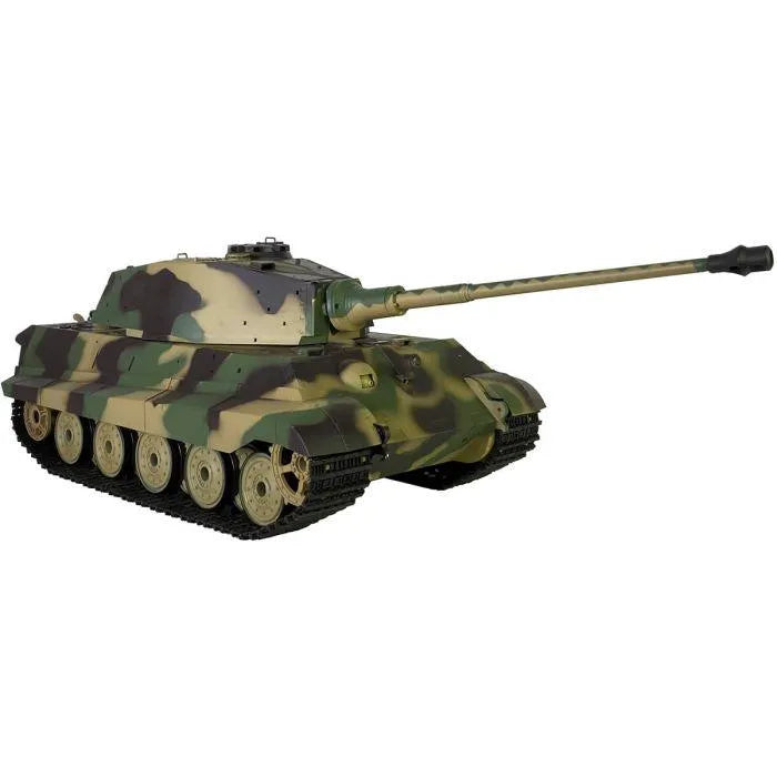 1/16 scale King Tiger RC tank with camouflage paint, long barrel, and detailed tracks
