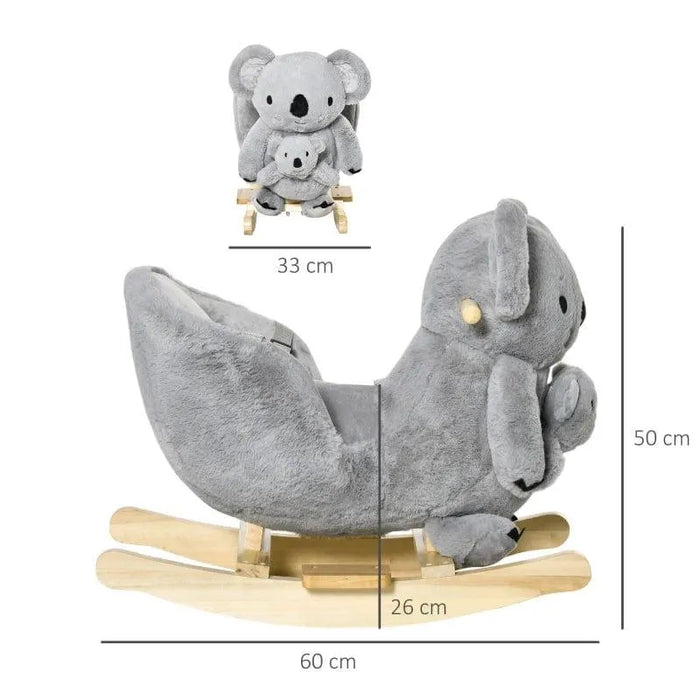 Plush koala rocker for kids with baby koala, wooden base, and safety harness, 60x33x50cm.
