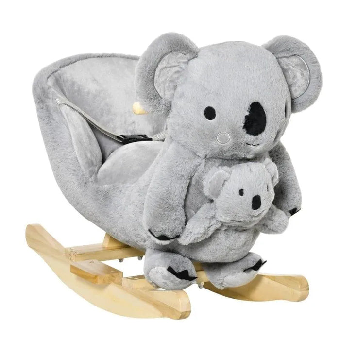 Plush koala rocker with baby koala, safety harness, and wooden base for kids