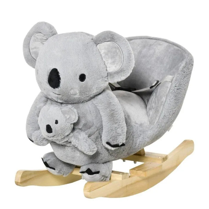 Plush grey koala rocker with baby koala, wooden base, and safety harness for kids