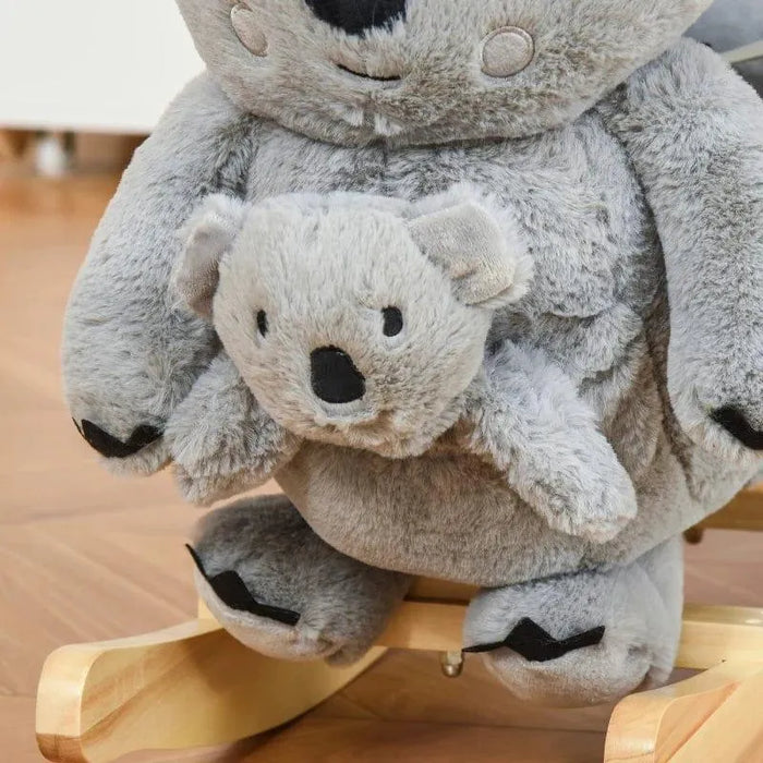 Plush koala rocker toy with interactive mother and baby design on wooden base