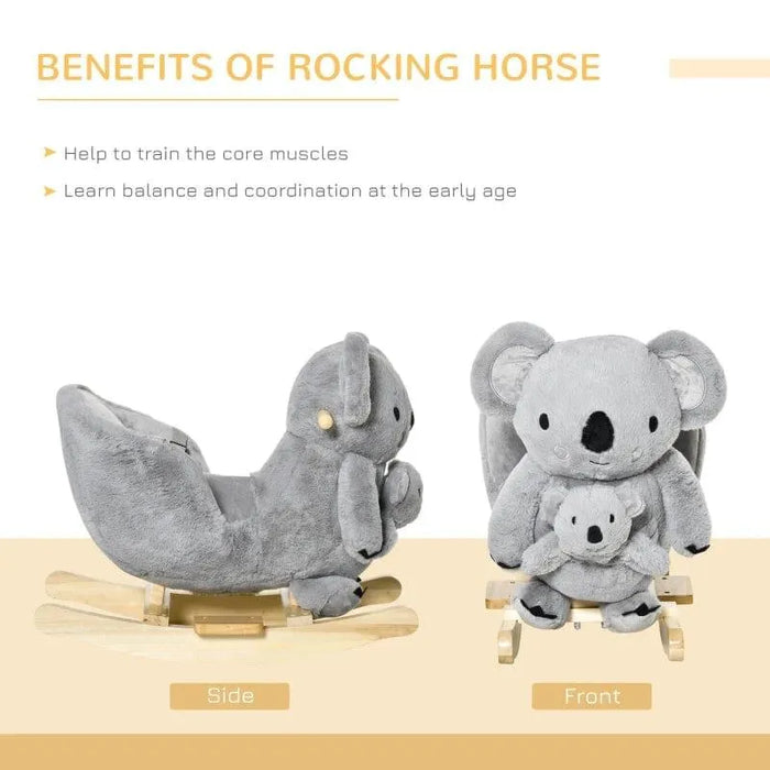 Plush koala rocking horse with baby koala, wooden base, shown front and side view.