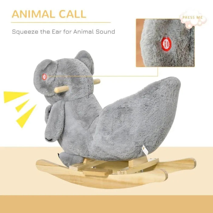 Plush grey koala rocker toy with wooden base, interactive ear for animal sound feature